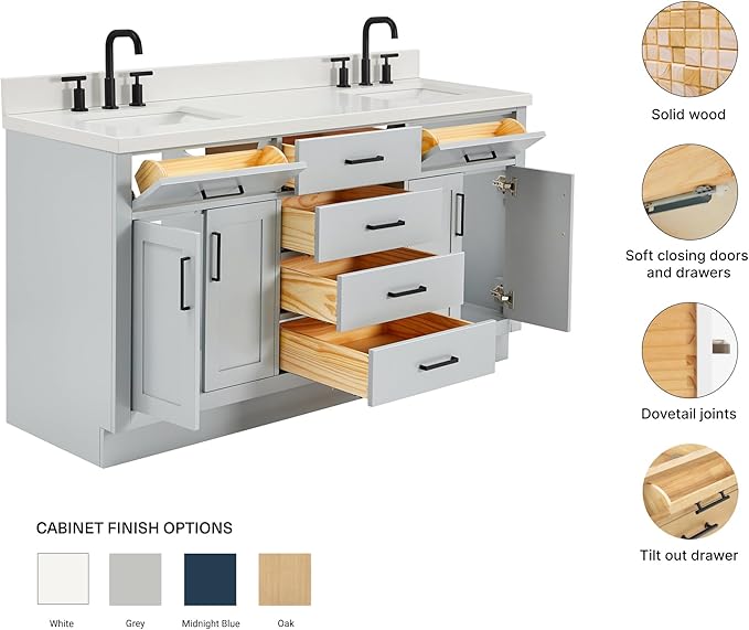 ARIEL Hepburn 66-inch Bathroom Vanity with Sink,Solid Wood, 1.5-inch Pure White Quartz Countertop & Backsplash, Double Rectangular Porcelain Sink, 4 Soft Closing Doors, 6 Dovetail Drawers, Grey