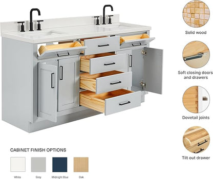 ARIEL Hepburn 66-inch Bathroom Vanity with Sink,Solid Wood, 1.5-inch Pure White Quartz Countertop & Backsplash, Double Rectangular Porcelain Sink, 4 Soft Closing Doors, 6 Dovetail Drawers, Grey