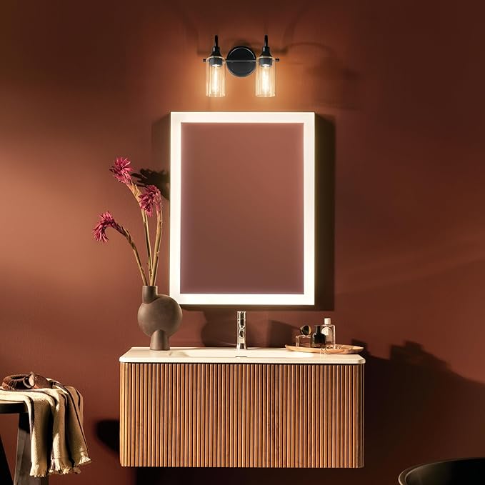 Kichler Kavi 12.5" 2-Light Vanity Light with Clear Glass in Black, Damp Rated, for Bathroom, Powder Room, Over a Mirror, (12.5" W x 10" H), 55210BK