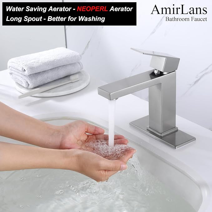 Single Hole Bathroom Faucet, Brushed Nickel Bathroom Sink Faucet | Single Handle 1 Hole Faucet for Bathroom Sink with Pop Up Stopper, Stainless Steel Vanity Faucet