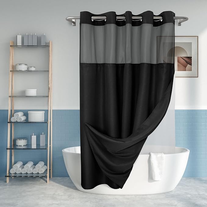 River Dream No Hook Shower Curtain with Snap-in Liner Set, Black, 71x74 | Snap on/off Waterproof PEVA Liner, See Through Top Window, Slub Textured, Hotel Style Shower Curtain Set, Standard Size