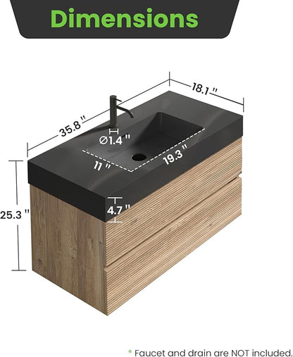 36 Inch Floating Bathroom Vanity with Black Sink, Modern Wall Mounted Floating Vanity with 2 Soft-Closing Drawers, Large Storage for Apartment, Hotel, Rough Oak