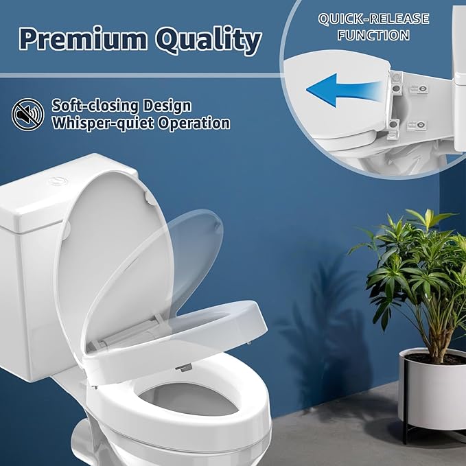 Raised Elongated Toilet Seat 18.5'' for Seniors – Soft Close, Quick Release & Connect, Sturdy PP Material, Won’t Loosen, Ideal for Elderly & Limited Mobility, White