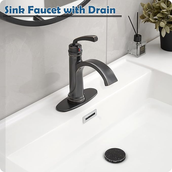 Brass Oil Rubbed Bronze Bathroom Faucet 1 Hole, Waterfall Bathroom Sink Faucet 4 Inch 3 Hole Single Handle with Pop-up Drain, Pre-Installed Water Hoses, Deck Plate for Farmhouse Vanity Sink
