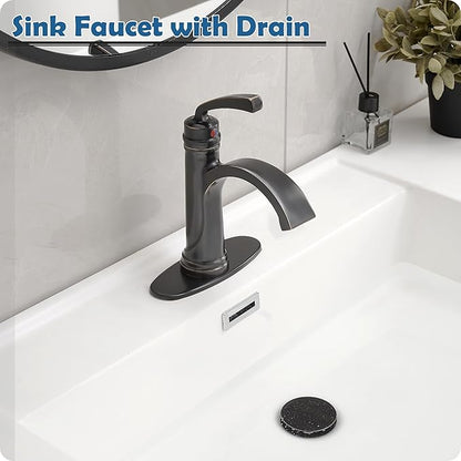 Brass Oil Rubbed Bronze Bathroom Faucet 1 Hole, Waterfall Bathroom Sink Faucet 4 Inch 3 Hole Single Handle with Pop-up Drain, Pre-Installed Water Hoses, Deck Plate for Farmhouse Vanity Sink