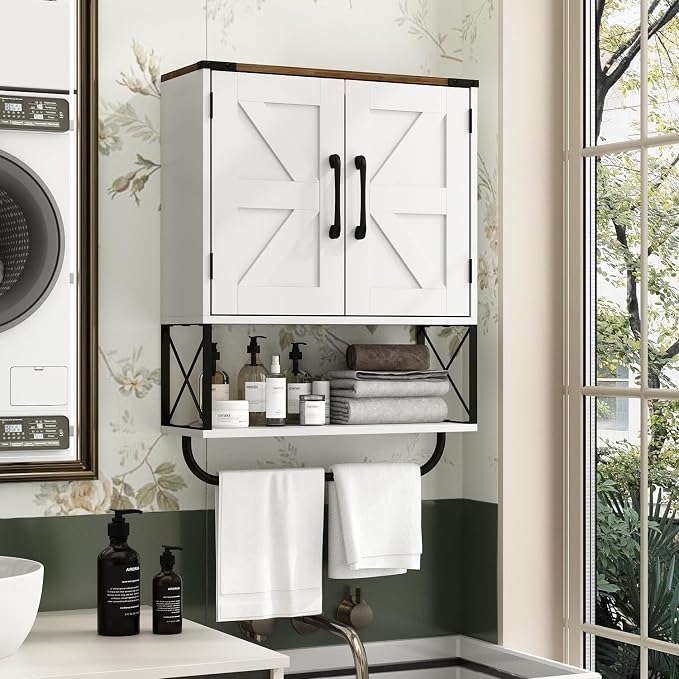 RUSTOWN Farmhouse Medicine Cabinet with 2 Barn Door & Towel Bar Rack | Boho Wood Wall Mounted Storage Cabinet with Adjustable Shelf, 3-Tier Above Toilet Cabinet for Bathroom, Laundry, Living Room