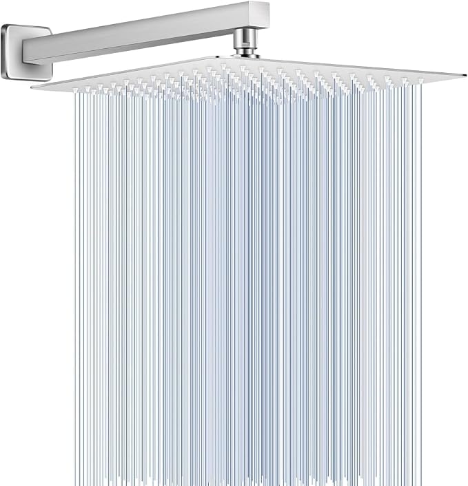 All Metal Rainfall Shower Head with Extension Arm Brushed Nickel, 12" Large Rain Square Showerhead with 16" Shower Arm All Stainless Steel, 144 Silicone Nozzles Waterfall Full Body Coverage