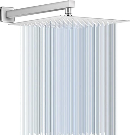 All Metal Rainfall Shower Head with Extension Arm Brushed Nickel, 12" Large Rain Square Showerhead with 16" Shower Arm All Stainless Steel, 144 Silicone Nozzles Waterfall Full Body Coverage