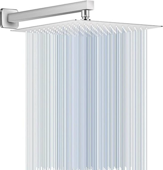 All Metal Rainfall Shower Head with Extension Arm Brushed Nickel, 12" Large Rain Square Showerhead with 16" Shower Arm All Stainless Steel, 144 Silicone Nozzles Waterfall Full Body Coverage