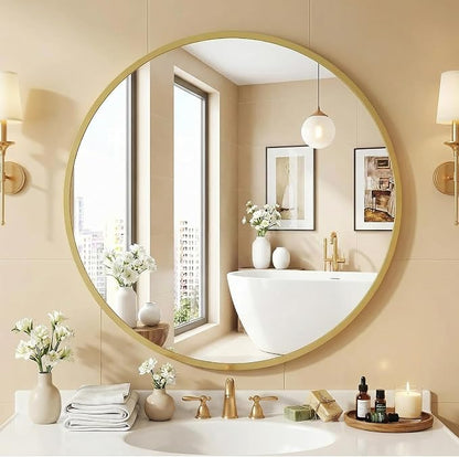 NEWBULIG 28 Inch Round Wall Mirror, Bathroom Mirrors for Over Sink | Metal Framed Circle Vanity Mirror, Wall Decor for Bedroom, Entryway, Anti-Rust, Tempered Glass, Hanging or Leaning, Gold