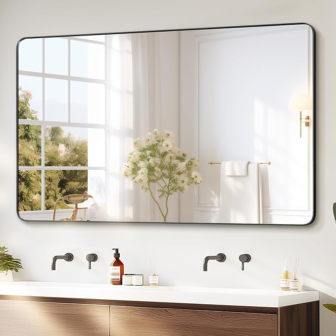Bathroom Vanity Mirror, Black Framed Mirror for Over Sink, 50x30 | HD glass, distortion-free for makeup and grooming, Sturdy frame, all mounting hardware, hangs horizontal or vertical