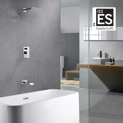SUMERAIN Tub and Shower Faucet Set Chrome Finish | Waterfall Tub Spout, Anti-scalding Pressure Balance Valve, 8 Inch High Pressure Shower Head