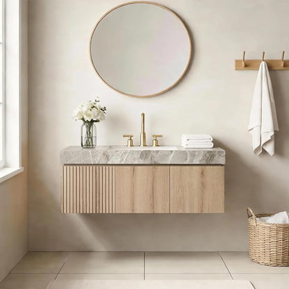 48" Floating Bathroom Vanity with Sink, Modern Plywood Bathroom Vanities with Drawer and Doors, Gray Sintered Stone Countertop and 3 Pre-drilled Faucet Holes Ceramic Basin, Pre-Assembled, Light Oak
