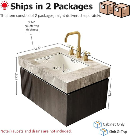 Ambrovina 30" Floating Bathroom Vanity with Sink, Modern Plywood Storage Cabinet with Drawer and Door, Gray Sintered Stone Countertop and 3 Pre-drilled Faucet Holes Ceramic Basin, Espresso Woodgrain