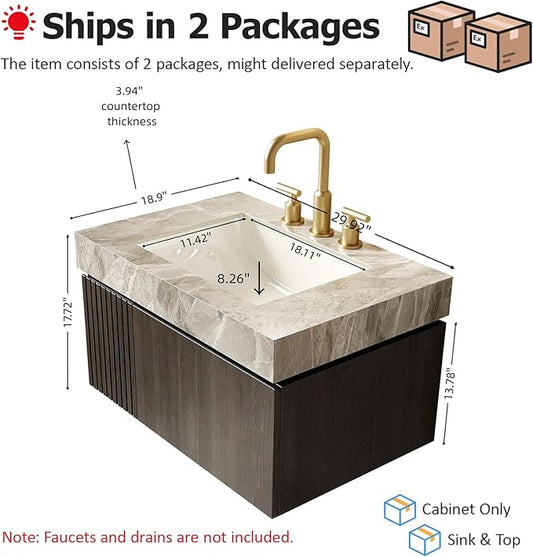 Ambrovina 30" Floating Bathroom Vanity with Sink, Modern Plywood Storage Cabinet with Drawer and Door, Gray Sintered Stone Countertop and 3 Pre-drilled Faucet Holes Ceramic Basin, Espresso Woodgrain