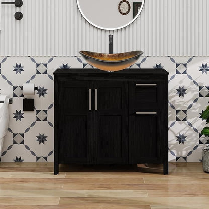 YOURLITE 36" Bathroom Vanity with Sink, Black Bathroom Vanity Cabinet with Faucet & Pop Up Drain Set,Traditional Vanity with Black Glass Bowl Bathroom Sink