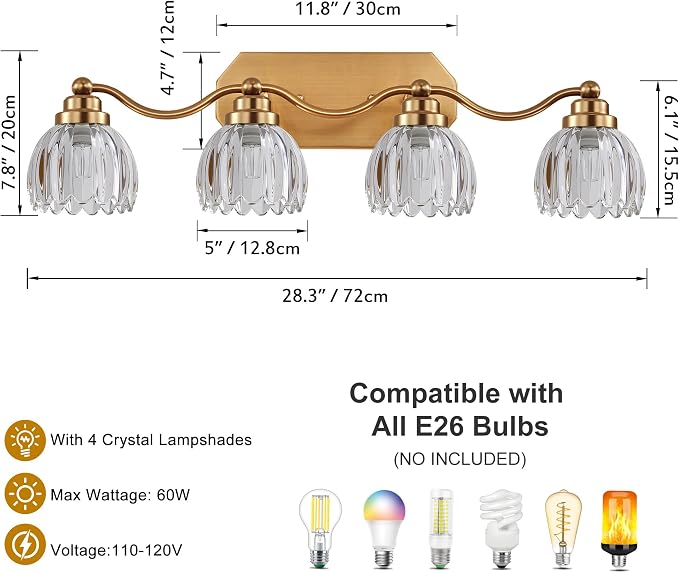 Bathroom Vanity Light, Gold Vintage Tulip Glass Shade, Antique Brass Finish | 4 Light Brushed Gold Bathroom Light Fixtures, Crystal Wall Sconce, Mounted Over Mirror for Bedroom Hallway, Easy to Install