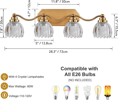 Bathroom Vanity Light, Gold Vintage Tulip Glass Shade, Antique Brass Finish | 4 Light Brushed Gold Bathroom Light Fixtures, Crystal Wall Sconce, Mounted Over Mirror for Bedroom Hallway, Easy to Install