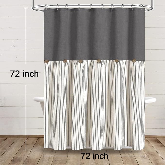 Farmhouse Shower Curtain Button Grey-Grey Stripe 72" W x 72" L | Farmhouse Style, Chic Button, Striped, Linen Fabric, Rustic, Country, Natural Look, Washable, for Bathroom Bathtub