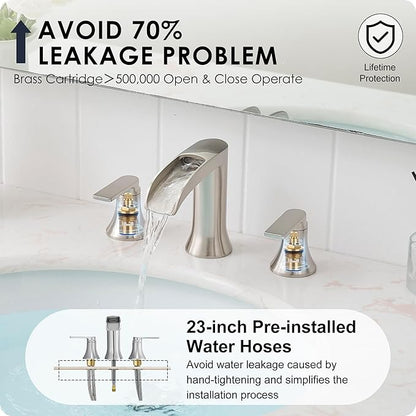 Brushed Nickel Bathroom Faucet 3 Hole, 4-8 Inch Waterfall Bathroom Sink Faucet Widespread with Drain & cUPC Supply Hose, 2 Handles for Vanity, Lavatory, Restroom, Brass Material, 10 Mins Install