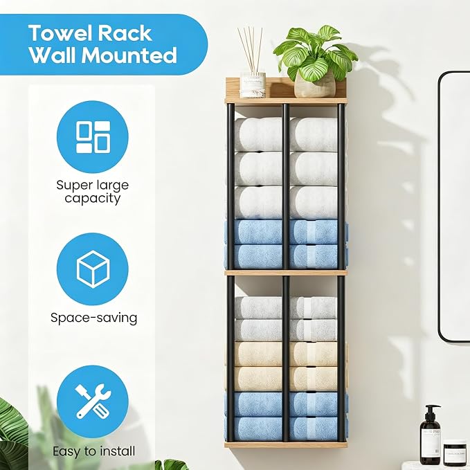 Towel Racks for Bathroom Wall Mounted with Wooden Storage Shelf | Updated 3 Bar Metal Towel Holder for Rolled Towels, Sturdy and Large Capacity, Towel Storage Organizer