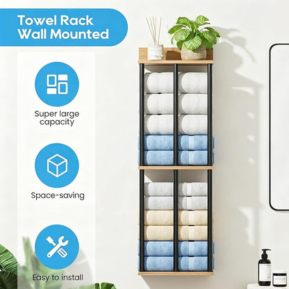 Towel Racks for Bathroom Wall Mounted with Wooden Storage Shelf | Updated 3 Bar Metal Towel Holder for Rolled Towels, Sturdy and Large Capacity, Towel Storage Organizer