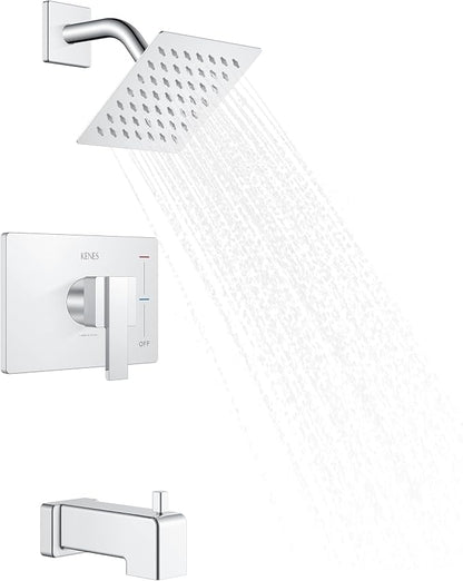 KENES Chrome Tub and Shower Trim Kit, Square Shower Set with Tub Faucet | Shower Faucet with 6-Inch Rain Shower Head, Square Shower System, Valve Included, Lead-Free cUPC & NSF Certified, Stainless