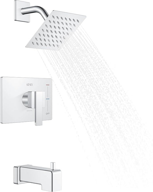 KENES Chrome Tub and Shower Trim Kit, Square Shower Set with Tub Faucet | Shower Faucet with 6-Inch Rain Shower Head, Square Shower System, Valve Included, Lead-Free cUPC & NSF Certified, Stainless