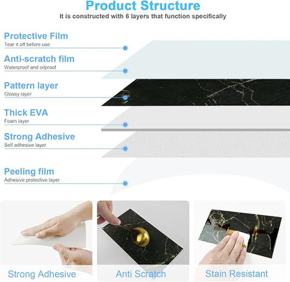 URCOLOR 32-Piece Peel and Stick Backsplash Wall Tile, 4"x 8" PVC Glossy Black Gold Marble Stick on Subway Tiles for Kitchen, Bathroom, Laundry Room, Camper, Fireplace