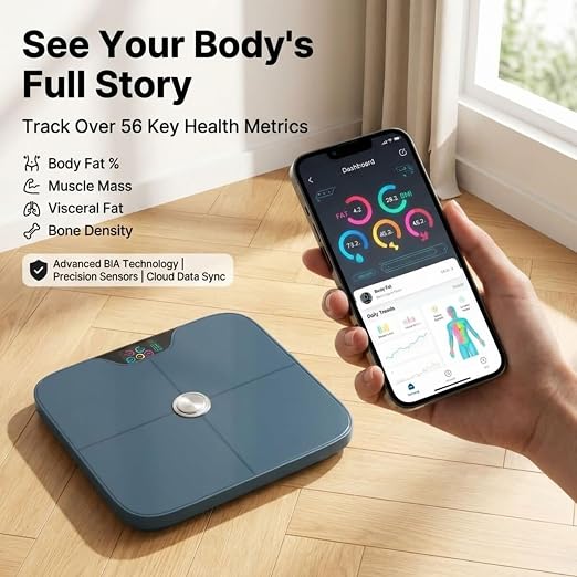 Premium Smart Digital Body Weight Scale - 8 Electrodes – 56+Metrics -Rechargeable- WiFi & Bluetooth - Full Body Analysis -Track Body Fat, Muscle Mass, Fat Percentage, Sleek Design