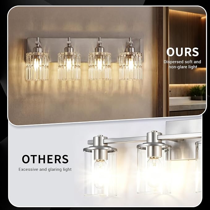 OCIOC 4-Light Nickel Bathroom Vanity Light Over Mirror, Brushed Nickel Bathroom Wall Lights with Glass Shades, Indoor Wall Mounted Lamp for Living Room Bedroom Hallway