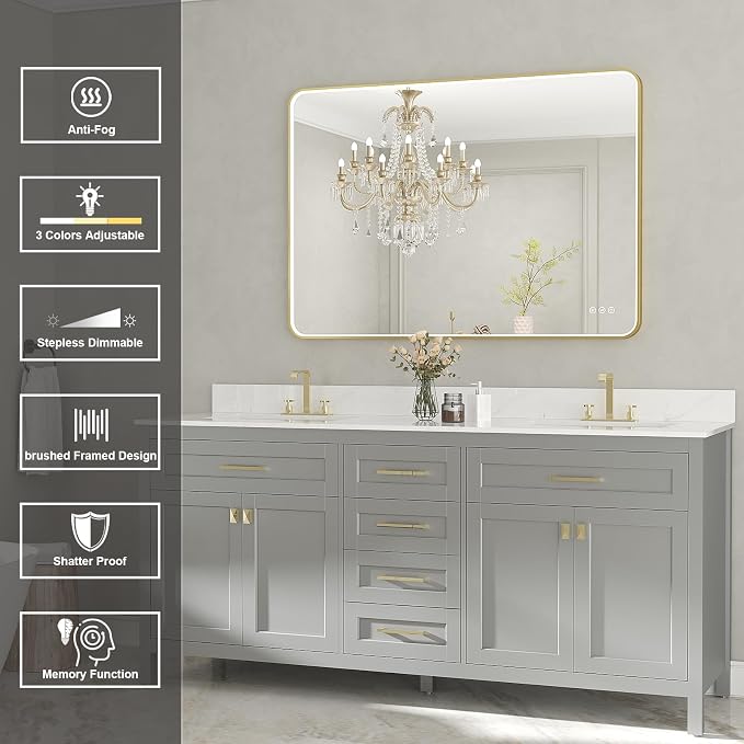 LED Mirror for Bathroom 40X28 Inch Gold Framed with Anti-Fog, Stepless Dimmable, Front Lit, LED Bathroom Vanity Mirror for Wall, Memory Function, Shatter-Proof