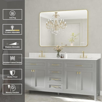 LED Mirror for Bathroom 40X28 Inch Gold Framed with Anti-Fog, Stepless Dimmable, Front Lit, LED Bathroom Vanity Mirror for Wall, Memory Function, Shatter-Proof