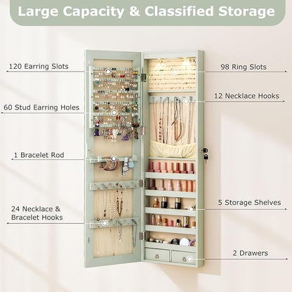 COSTWAY Wall Mounted Jewelry Armoire with Full Length Mirror & 2 LED Lights, Large Storage Capacity, Lockable Mirror Jewelry Cabinet for Women Girls (Green)