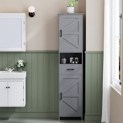 Homhedy 67" H Tall Bathroom Storage Cabinet with Barn Doors and Drawer | Narrow Storage Unit with Adjustable Shelves, Floor Cabinet for Bathroom, Living Room, Entryway or Kitchen, Gray, 15.7" W