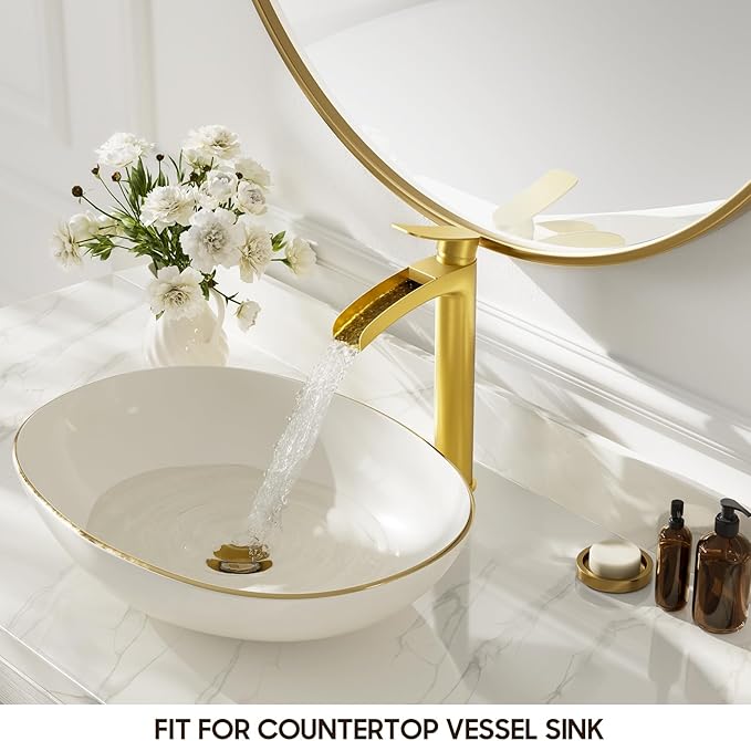 Phiestina Brushed Gold Tall Bathroom Vessel Sink Faucet, Single Hole Single Handle Waterfall Modern Bathroom Faucet, with Pop Up Drain and Water Supply Line, NS-SF01-BG-V