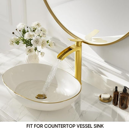 Phiestina Brushed Gold Tall Bathroom Vessel Sink Faucet, Single Hole Single Handle Waterfall Modern Bathroom Faucet, with Pop Up Drain and Water Supply Line, NS-SF01-BG-V