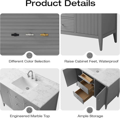 Vanity Art 48 inch Bathroom Vanity with Single Sink & Ceramic Top, Vanity Cabinet with Soft-Closing Door, Solid Wood Frame, Linear Pattern, Cashmere Gray, Golden Brushed Handware VA9148-G-GB
