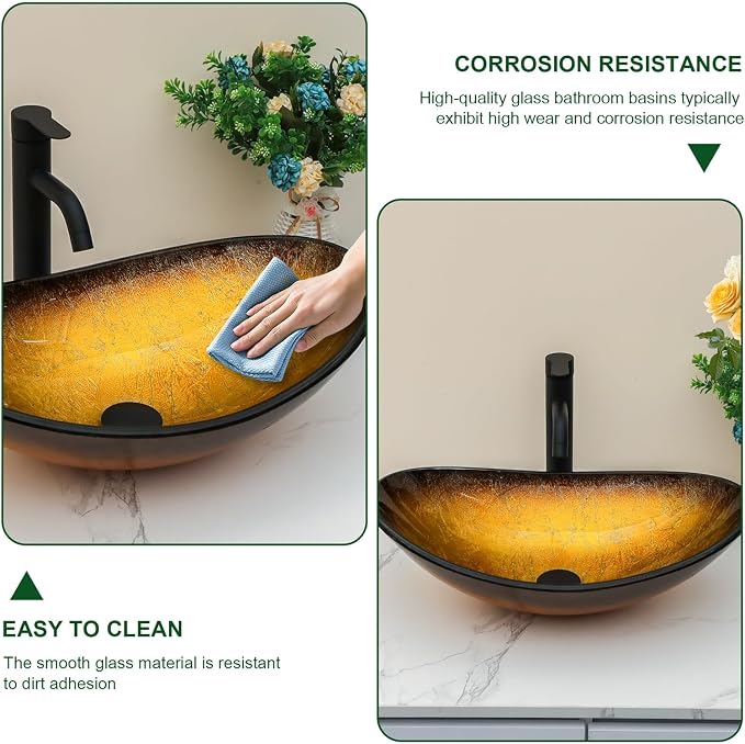 Sarlai Boat Shape Bathroom Vessel Sink with Black Faucet and Pop-up Drain Set 21x14 Inch Modern Artistic Tempered Glass Basin Countertop Bowl Sink for Lavatory Vanity Cabinet