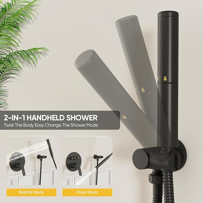 BESy Shower Faucet Fixtures Set for Bathroom, 10 & 6 In Round Dual Rain Shower Head, Ceiling & Wall Mounted Rainfall Shower System, Push Button Diverter Shower Valve with 2 in 1 Handheld, Matte Black