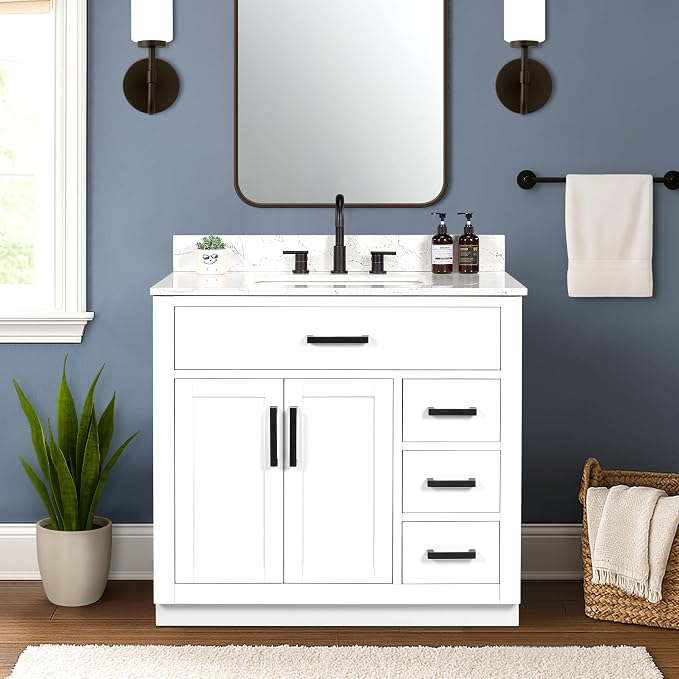 36-inch White Bathroom Vanity with Sink, Solid Wood, 0.79-inch Stone Countertop and Backsplash, 4 Drawers, 2 Soft Closing Doors