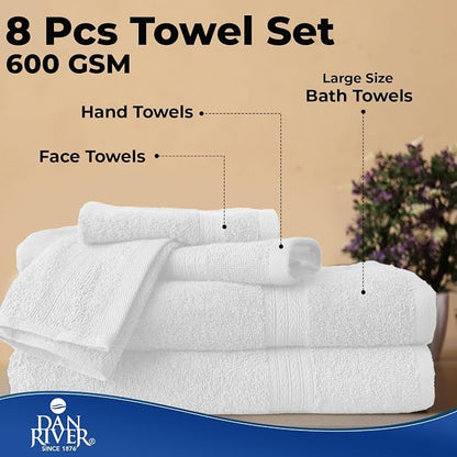 DAN RIVER 8 Piece Luxury Bath Towels for Bathroom, Towel Set, White | 2 Bath towels, 2 Hand towels, and 4 Wash Cloths, 600 GSM 100% Ring Spun Cotton, Highly Absorbent, Gym, Hotel, guest, and Spa