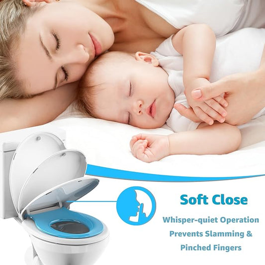 Potty Training Seat Built-in Toilet Seat, Round Toilet Seat 16.5inch with Baby Seat 2 in 1 Soft Close Quiet No Slapping, Magnetic Absorption, Easy Installation for Bottom Fixing Toilet，White and Blue