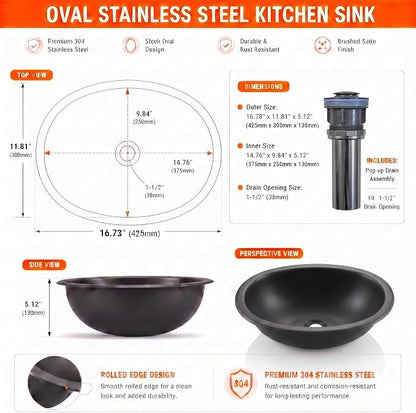 LQS Black Oval RV Sink, 16.73 x 11.81 Inch Stainless Steel RV Bathroom Sink | Drop-In RV Kitchen Sink for Campers, Compact Black Bathroom Sink with 5.12-Inch Bowl and Pop-Up Drain Assembly Included