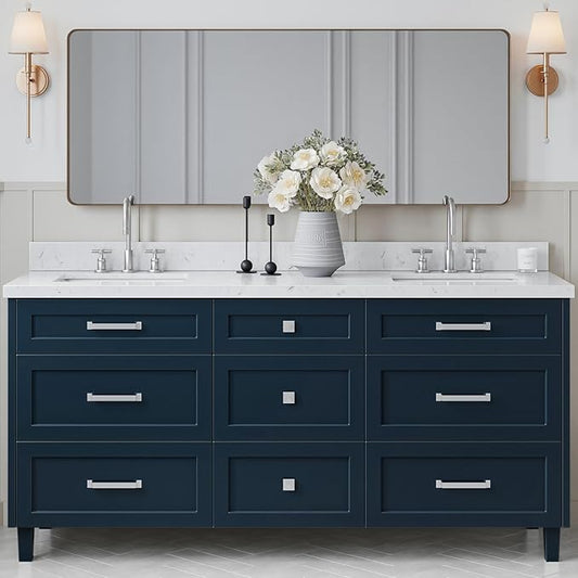 ARIEL Monroe 72-inch Bathroom Vanity with Sink,Solid Wood, 1.5-inch Carrara White Quartz Countertop & Backsplash, Double Oval Porcelain Sink, 9 Dovetail Drawers, Brushed Nickel, Midnight Blue