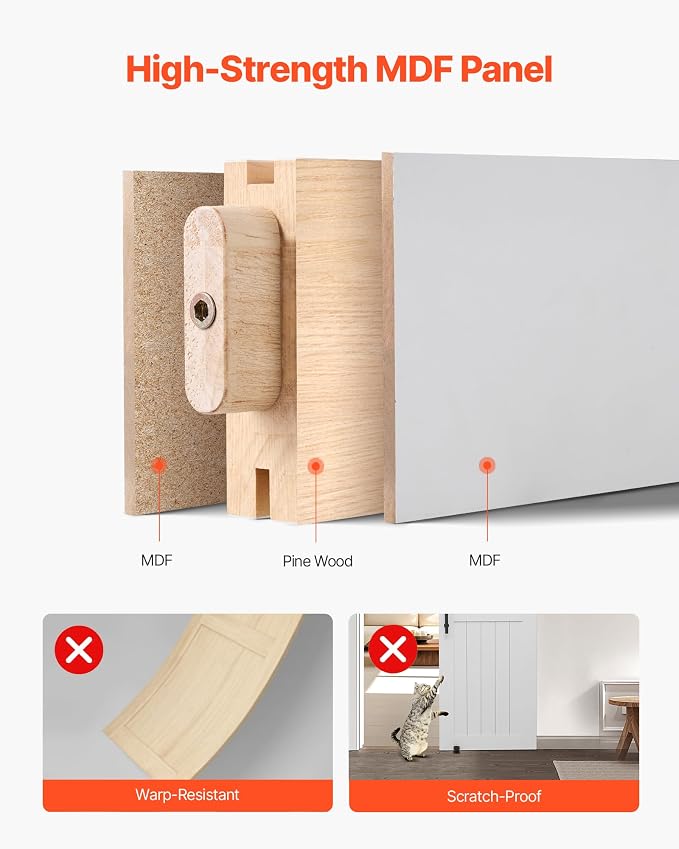 VEVOR Sliding Barn Door, 30 x 84 inch, High-Strength MDF Panel, Barn Door with Hardware Kit, Water-Proof PVC Surface, Easy to Install, H-Frame, Smoothly and Quietly Sliding for Living Room, Bathroom