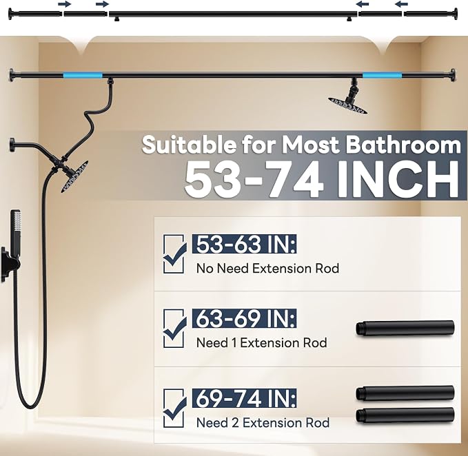 Dual Shower Head for Couples with 6-Mode Diverter, Matte Black | 304 Stainless Steel, Adjustable High Pressure Double Shower Head, Couples Gift, Renter-Friendly, Fits 53"-74" Wide Bathrooms