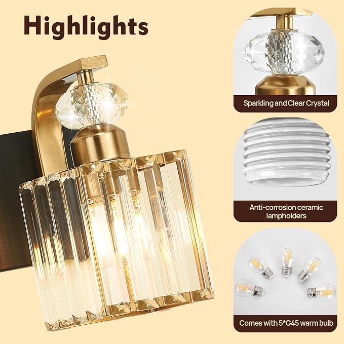 Modern Bathroom Vanity Light, 5-Light Black Gold Bathroom Lighting Fixtures Over Mirror, 36.3" Crystal Wall Light Sconce for Bathroom/Bedroom/Vanity, Includes LED Bulbs, Easy Installation