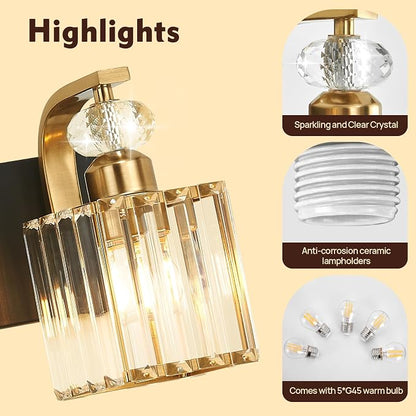 Modern Bathroom Vanity Light, 5-Light Black Gold Bathroom Lighting Fixtures Over Mirror, 36.3" Crystal Wall Light Sconce for Bathroom/Bedroom/Vanity, Includes LED Bulbs, Easy Installation