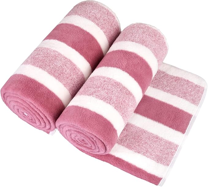 JML Bath Towels, 2 Pack, 27x55 in, Microfiber, Stripe Pink | Soft, Super Absorbent, Quick Dry, Lint-Free, Lightweight Bathroom Towel with Hanging Loop for Daily Use